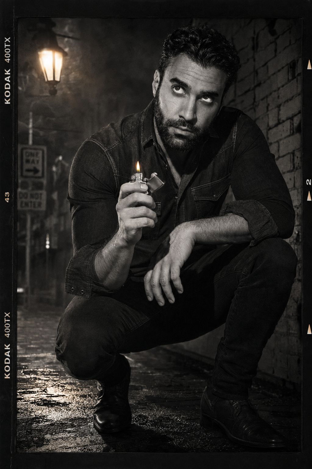 A.J. Castro crouched in a rain-slick alley, holding a lit lighter