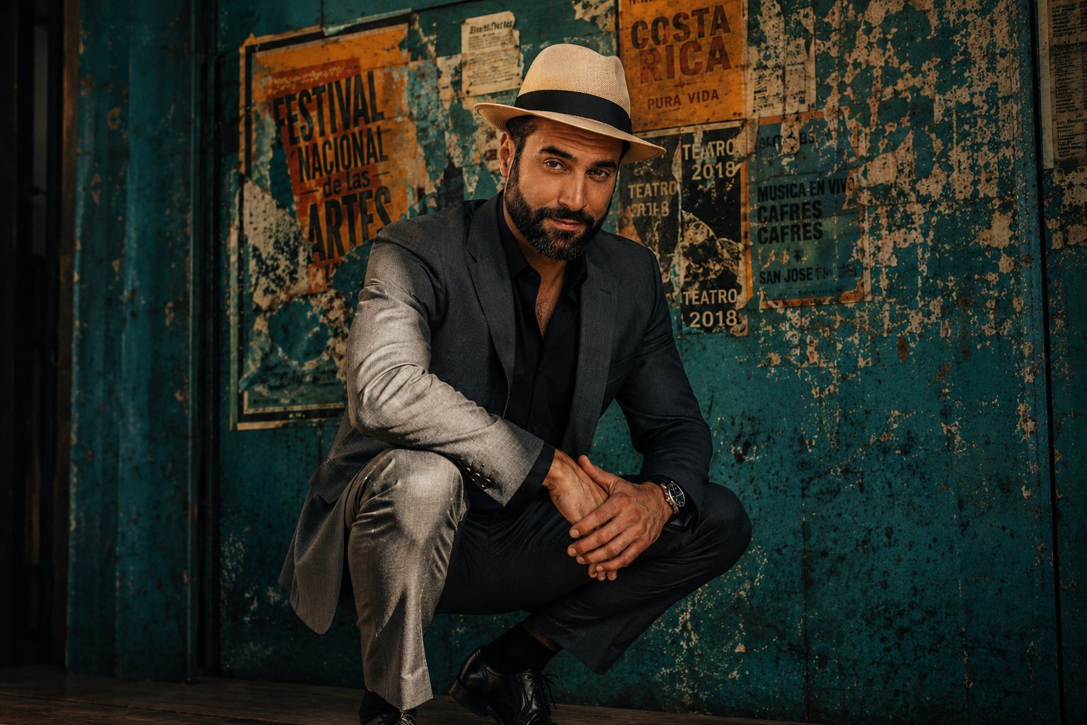 A.J. Castro in a Panama hat in front of Costa Rican festival posters